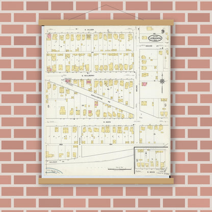 Old map wall art mockup — magnetic wood frame on brick wall — Sanborn Fire Insurance Map from Lebanon, Warren County, Ohio (1917), Sheet #0009