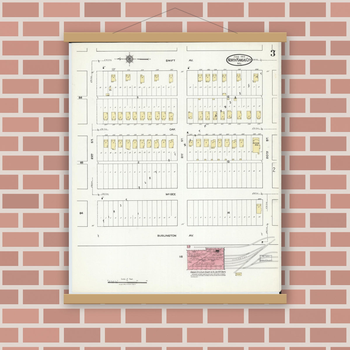 Old map wall art mockup — magnetic wood frame on brick wall — Sanborn Fire Insurance Map from North Kansas City, Clay County, Missouri (1918), Sheet #0003