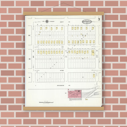 Old map wall art mockup — magnetic wood frame on brick wall — Sanborn Fire Insurance Map from North Kansas City, Clay County, Missouri (1918), Sheet #0003