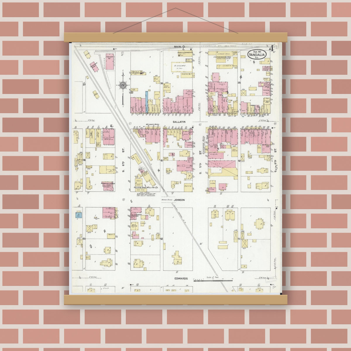 Old map wall art mockup — magnetic wood frame on brick wall — Sanborn Fire Insurance Map from Vandalia, Fayette County, Illinois (1912), Sheet #0004