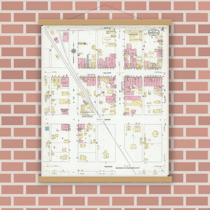 Old map wall art mockup — magnetic wood frame on brick wall — Sanborn Fire Insurance Map from Vandalia, Fayette County, Illinois (1912), Sheet #0004