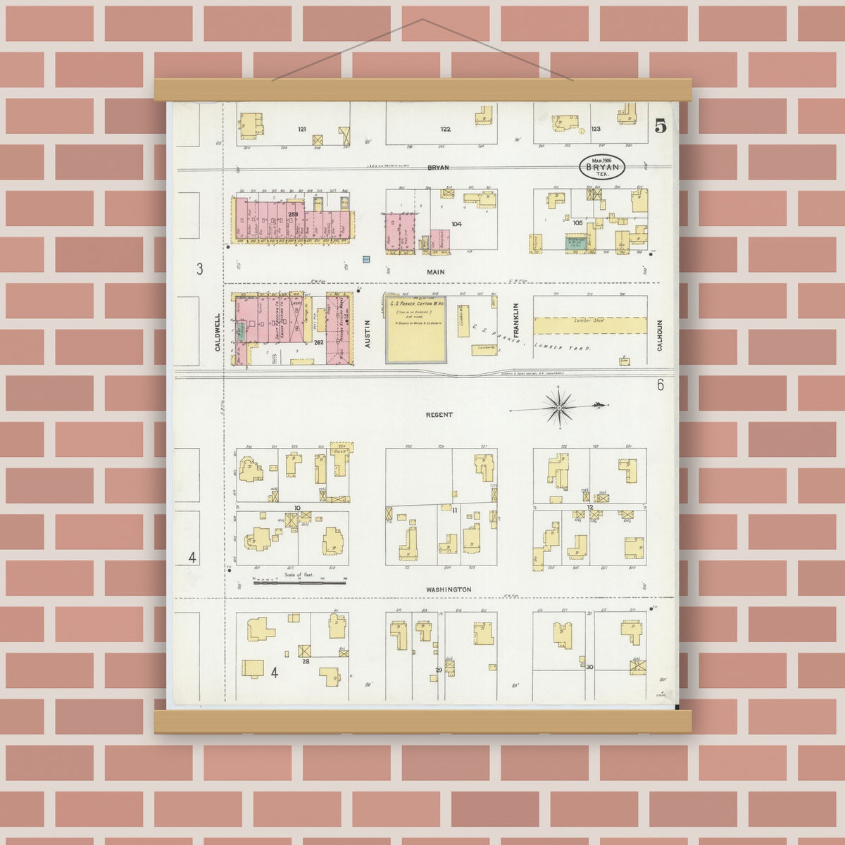 Old map wall art mockup — magnetic wood frame on brick wall — Sanborn Fire Insurance Map from Bryan, Brazos County, Texas (1906), Sheet #0005