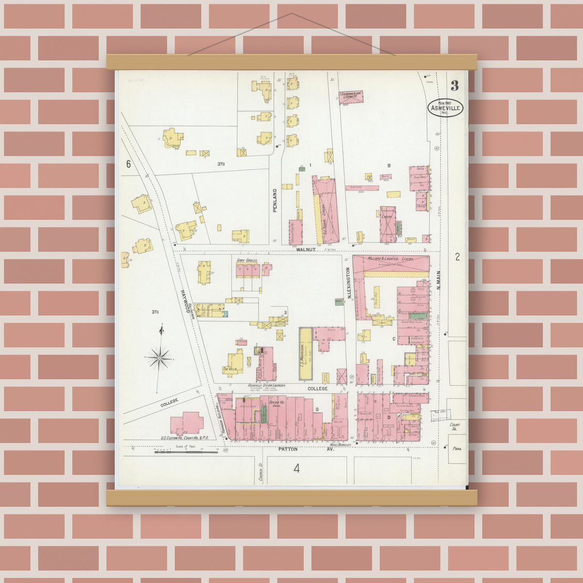 Old map wall art mockup — magnetic wood frame on brick wall — Sanborn Fire Insurance Map from Asheville, Buncombe County, North Carolina (1901), Sheet #0003