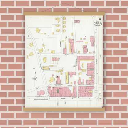 Old map wall art mockup — magnetic wood frame on brick wall — Sanborn Fire Insurance Map from Asheville, Buncombe County, North Carolina (1901), Sheet #0003
