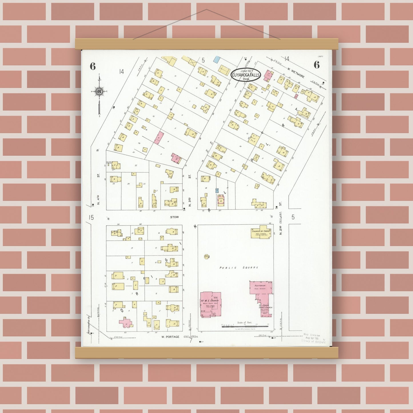 Old map wall art mockup — magnetic wood frame on brick wall — Sanborn Fire Insurance Map from Cuyahoga Falls, Summit County, Ohio (1927), Sheet #0006