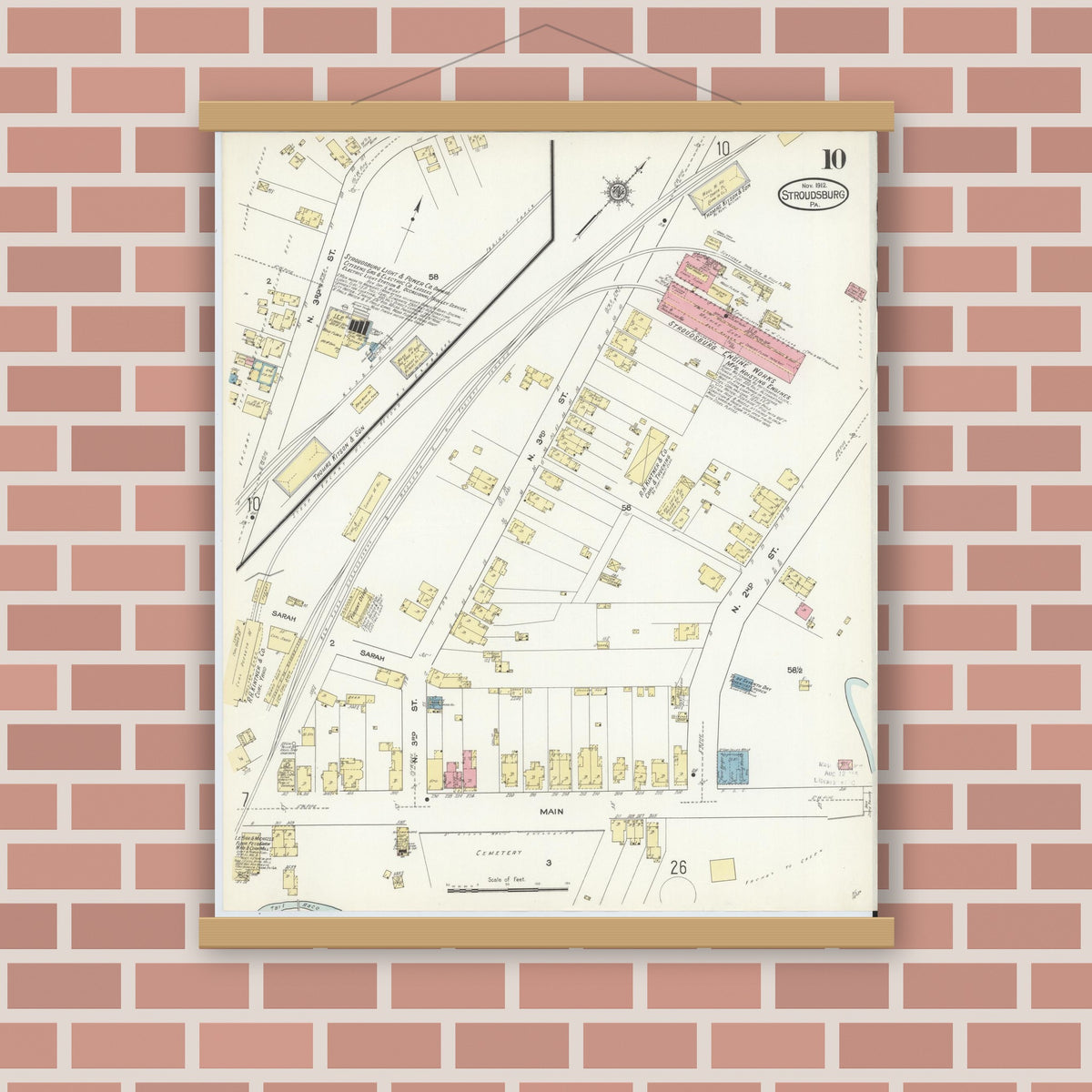 Old map wall art mockup — magnetic wood frame on brick wall — Sanborn Fire Insurance Map from Stroudsburg, Monroe County, Pennsylvania (1912), Sheet #0010