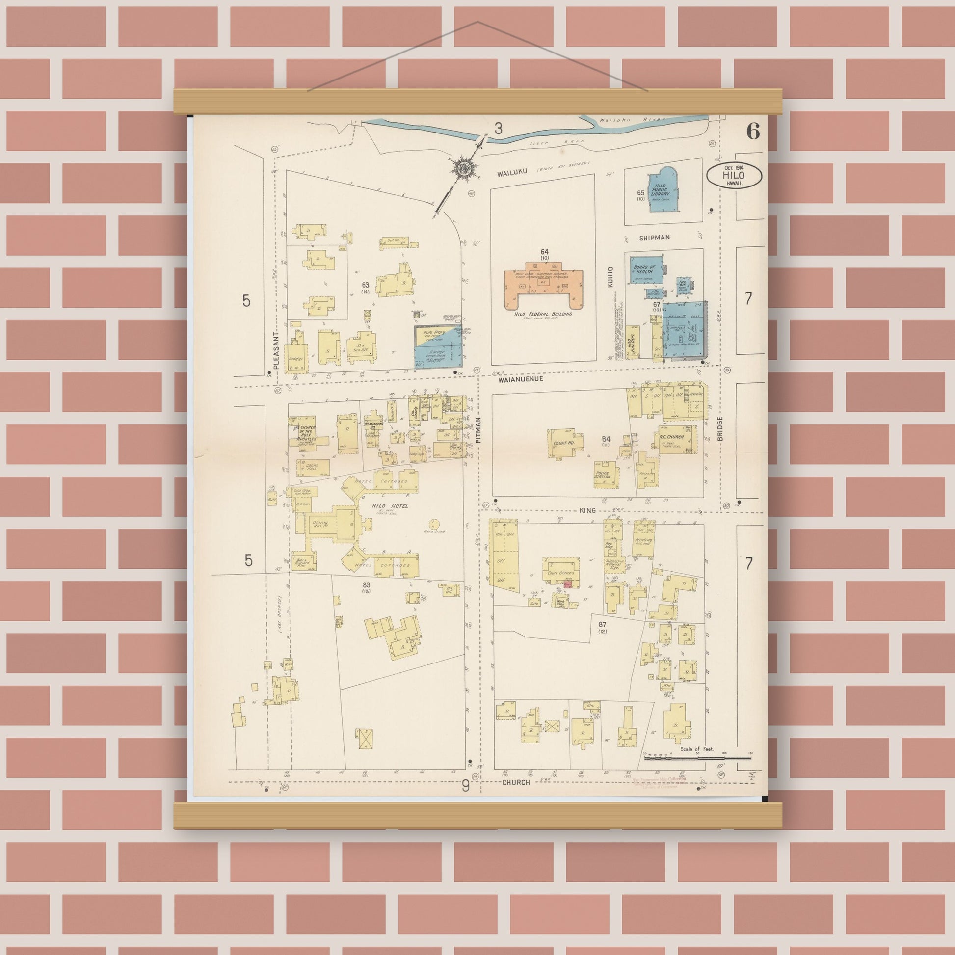 Old map wall art mockup — magnetic wood frame on brick wall — Sanborn Fire Insurance Map from Hilo, Hawaii County, Hawaii (1914), Sheet #0006