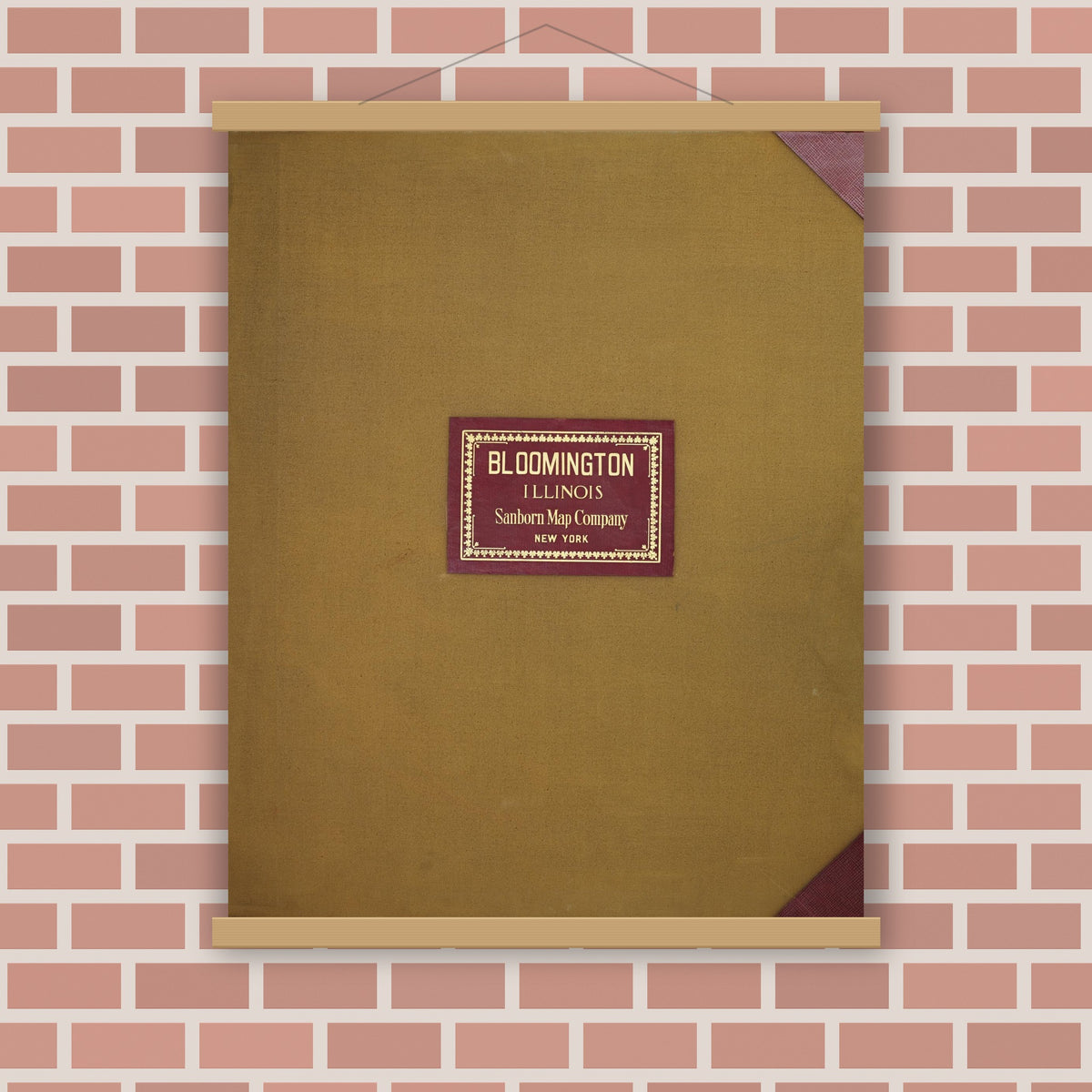Old map wall art mockup — magnetic wood frame on brick wall — Sanborn Fire Insurance Map from Bloomington, McLean County, Illinois (1950), Sheet #0001