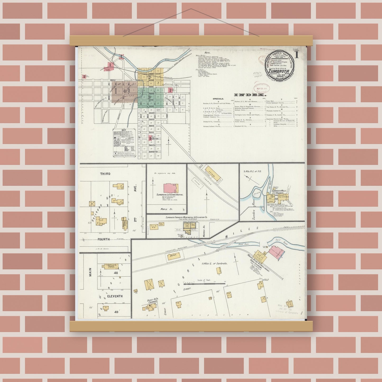Old map wall art mockup — magnetic wood frame on brick wall — Sanborn Fire Insurance Map from Zumbrota, Goodhue County, Minnesota (1899) - Complete Map Set