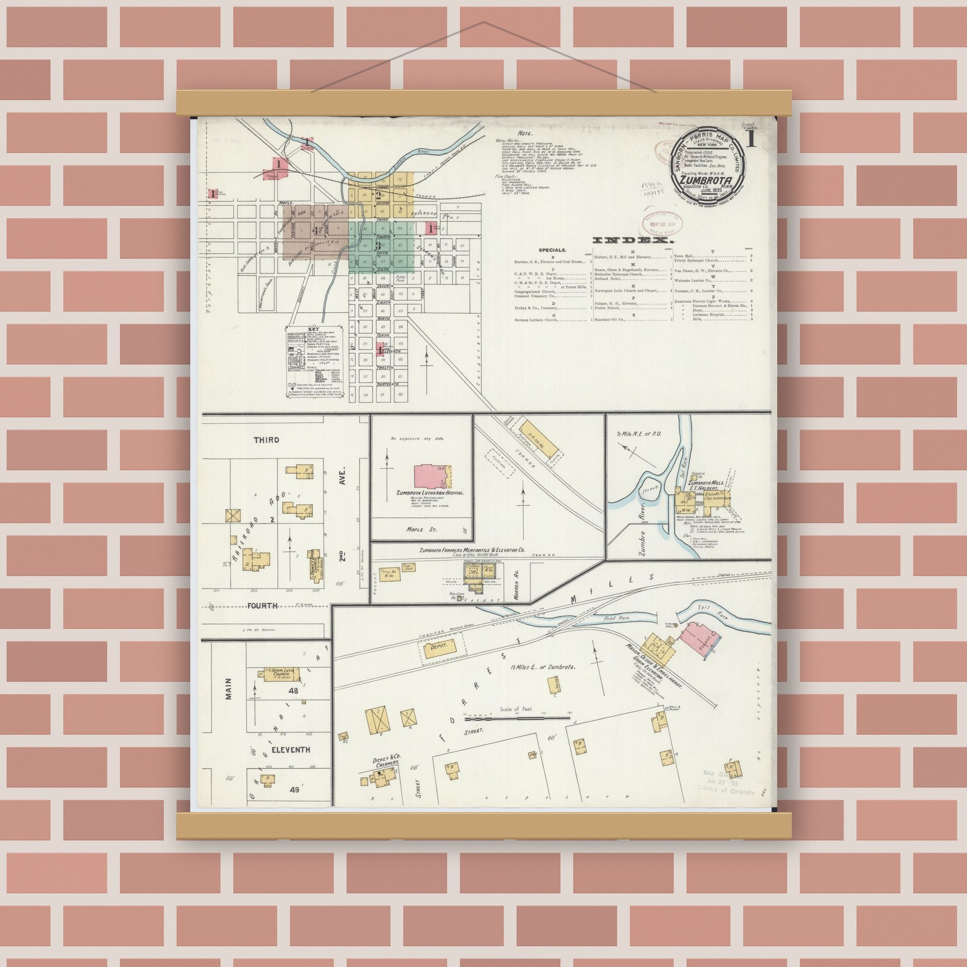 Old map wall art mockup — magnetic wood frame on brick wall — Sanborn Fire Insurance Map from Zumbrota, Goodhue County, Minnesota (1899) - Complete Map Set