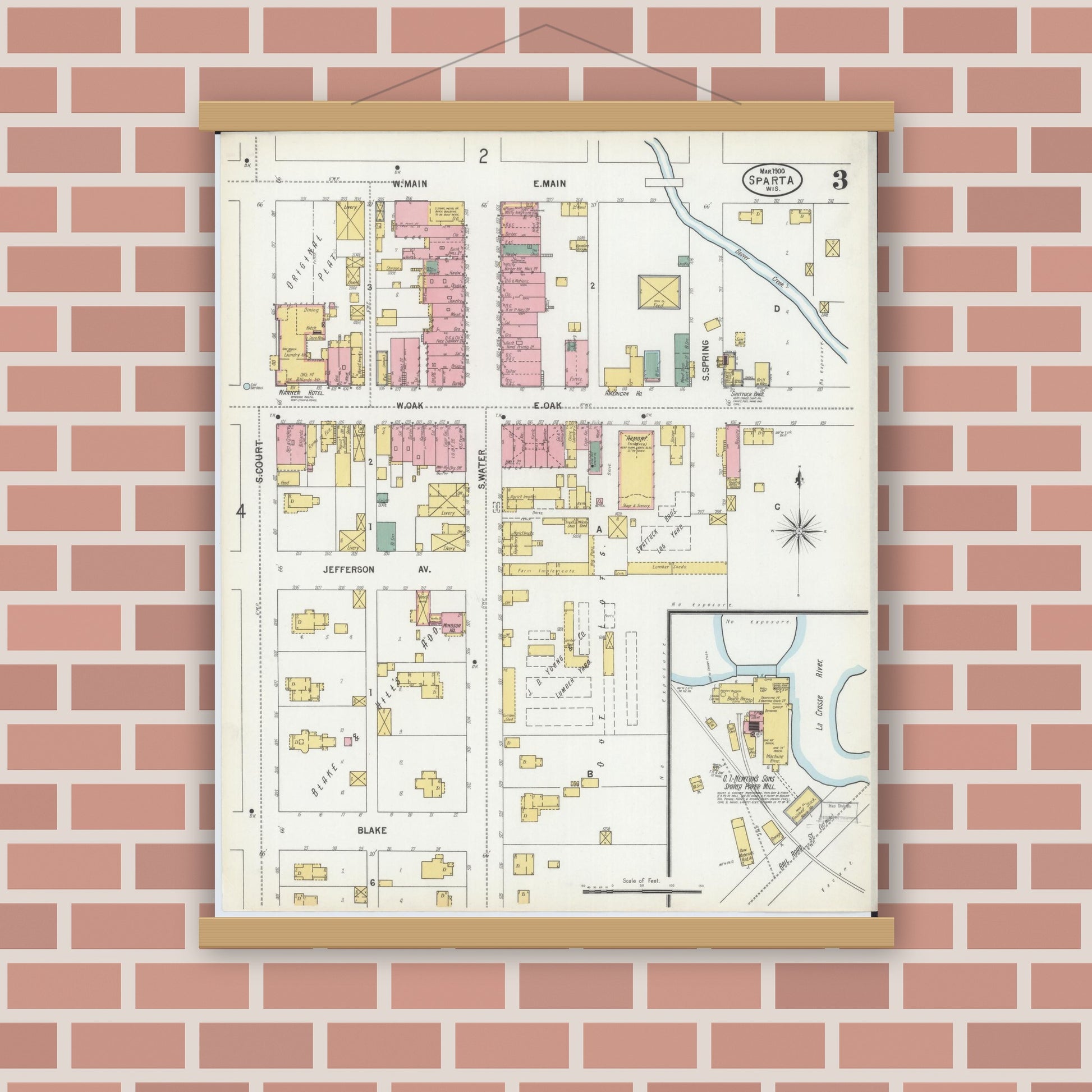 Old map wall art mockup — magnetic wood frame on brick wall — Sanborn Fire Insurance Map from Sparta, Monroe County, Wisconsin (1900), Sheet #0003
