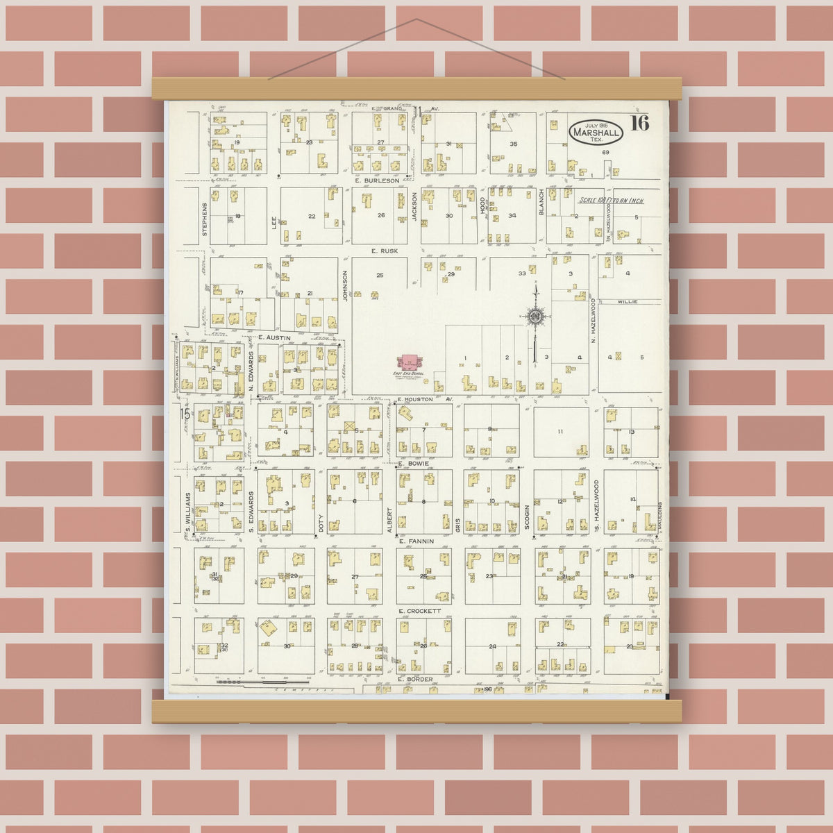 Old map wall art mockup — magnetic wood frame on brick wall — Sanborn Fire Insurance Map from Marshall, Harrison County, Texas (1915), Sheet #0016