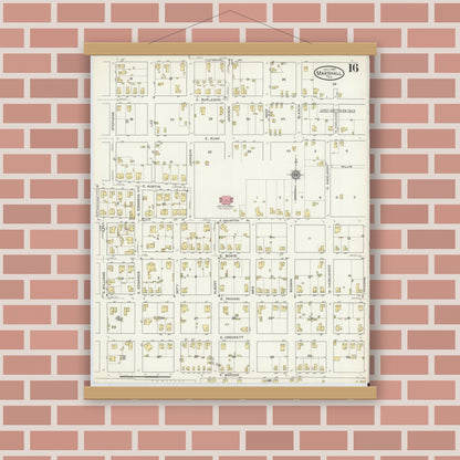 Old map wall art mockup — magnetic wood frame on brick wall — Sanborn Fire Insurance Map from Marshall, Harrison County, Texas (1915), Sheet #0016
