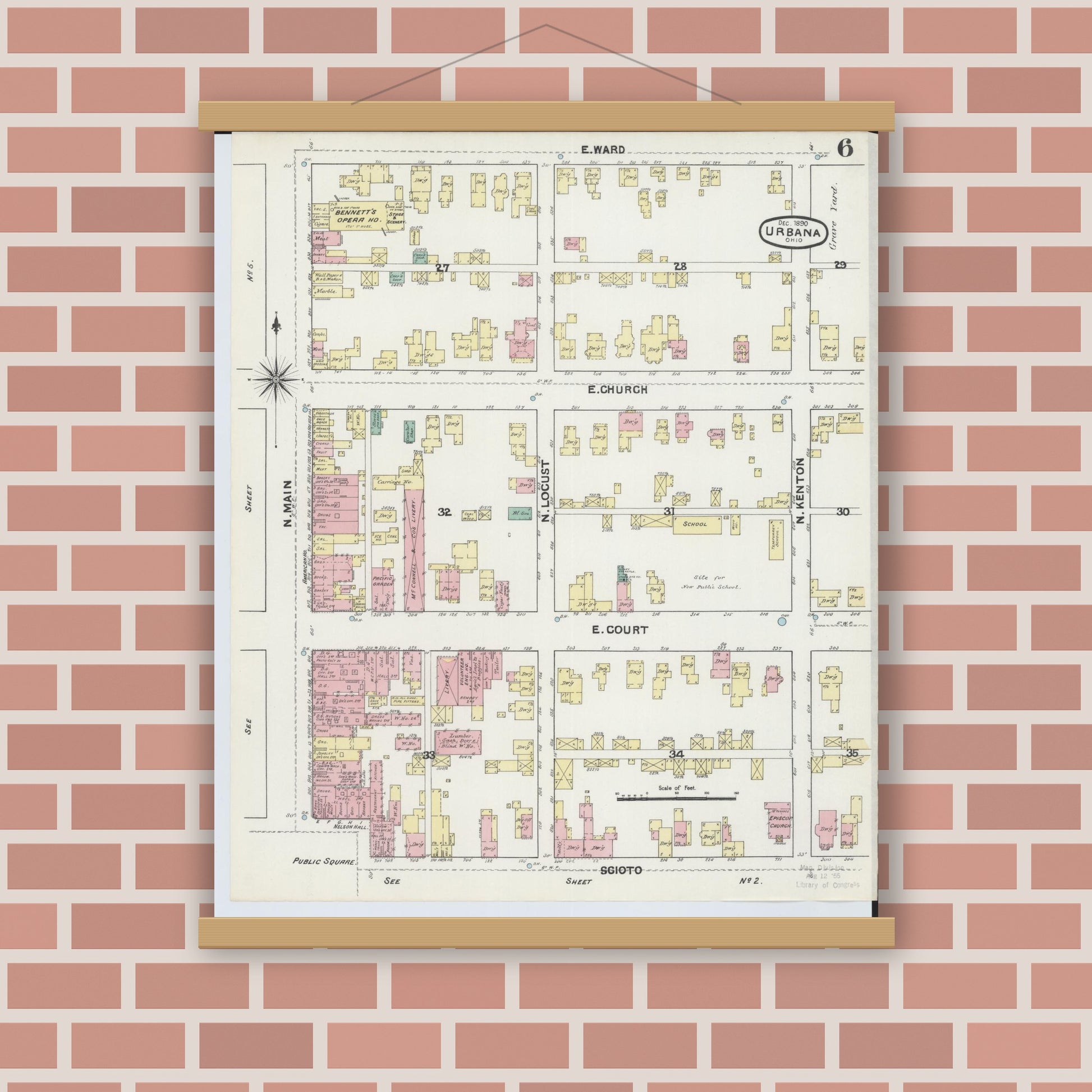 Old map wall art mockup — magnetic wood frame on brick wall — Sanborn Fire Insurance Map from Urbana, Champaign County, Ohio (1890), Sheet #0006