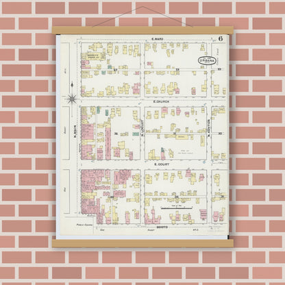 Old map wall art mockup — magnetic wood frame on brick wall — Sanborn Fire Insurance Map from Urbana, Champaign County, Ohio (1890), Sheet #0006