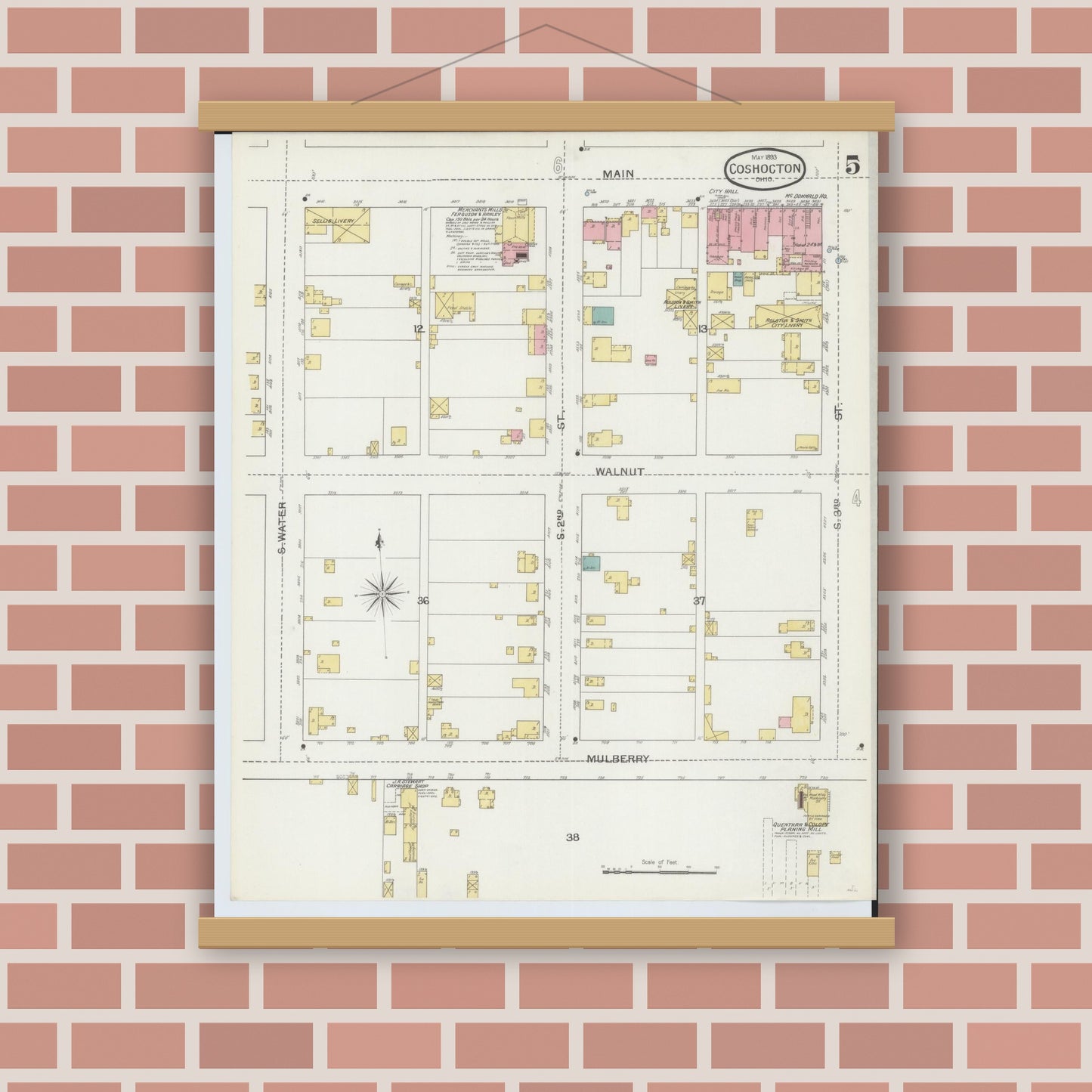 Old map wall art mockup — magnetic wood frame on brick wall — Sanborn Fire Insurance Map from Coshocton, Coshocton County, Ohio (1893), Sheet #0005