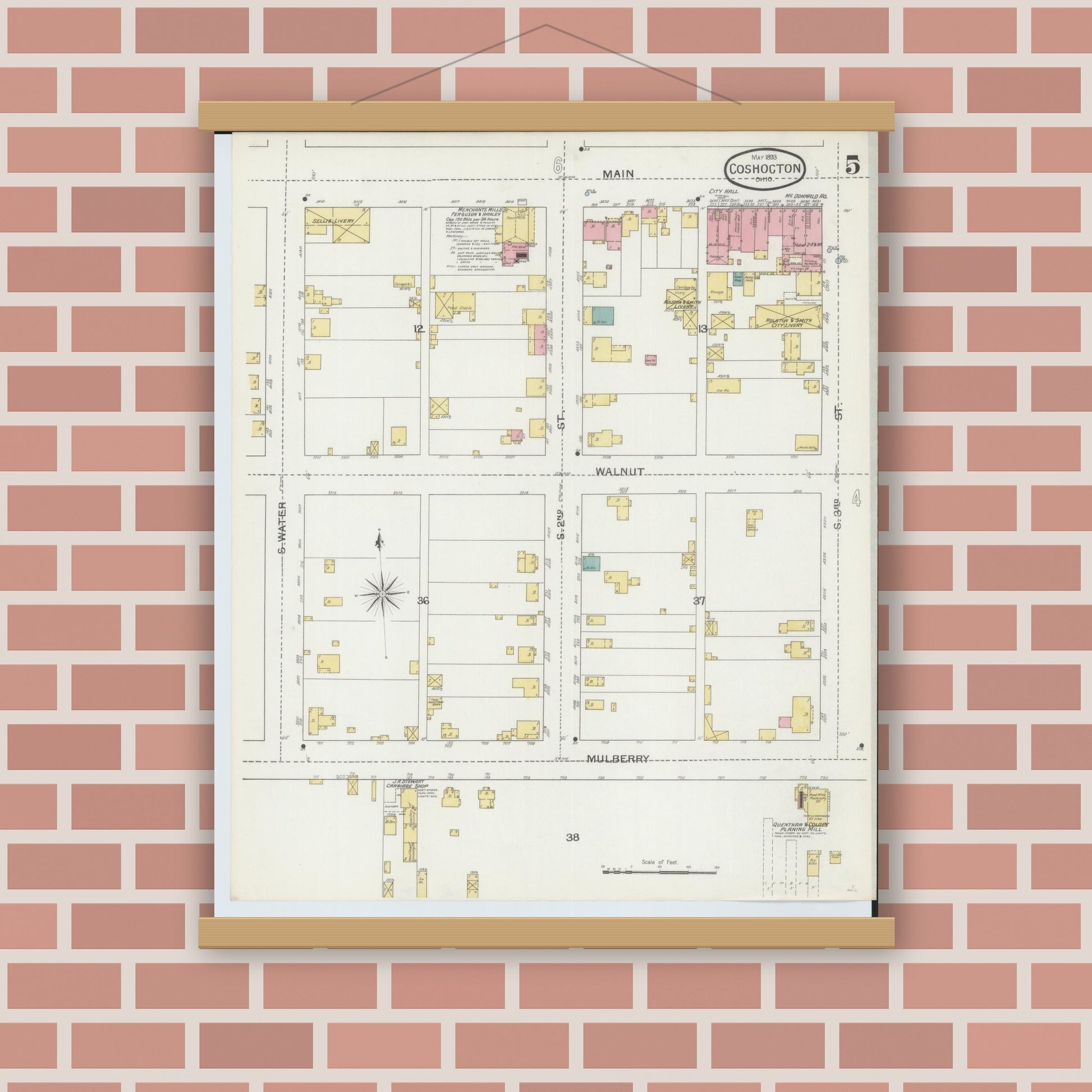 Old map wall art mockup — magnetic wood frame on brick wall — Sanborn Fire Insurance Map from Coshocton, Coshocton County, Ohio (1893), Sheet #0005