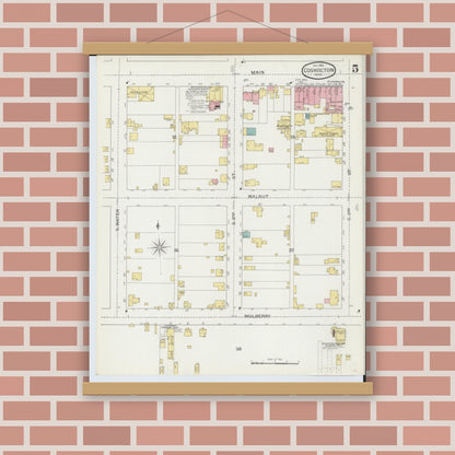Old map wall art mockup — magnetic wood frame on brick wall — Sanborn Fire Insurance Map from Coshocton, Coshocton County, Ohio (1893), Sheet #0005