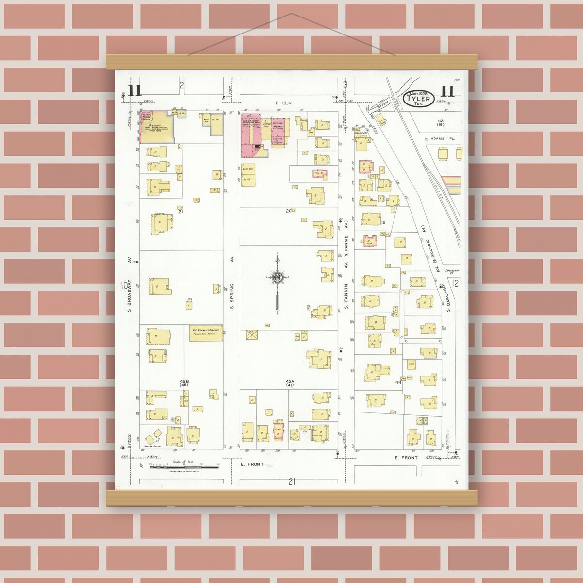 Old map wall art mockup — magnetic wood frame on brick wall — Sanborn Fire Insurance Map from Tyler, Smith County, Texas (1928), Sheet #0011