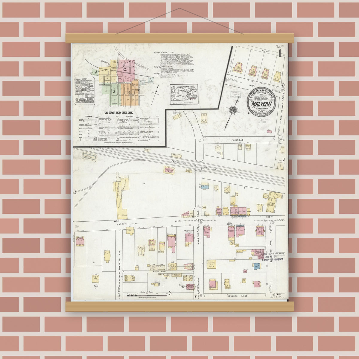 Old map wall art mockup — magnetic wood frame on brick wall — Sanborn Fire Insurance Map from Malvern, Chester County, Pennsylvania (1919), Sheet #0001