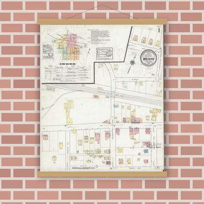 Old map wall art mockup — magnetic wood frame on brick wall — Sanborn Fire Insurance Map from Malvern, Chester County, Pennsylvania (1919), Sheet #0001