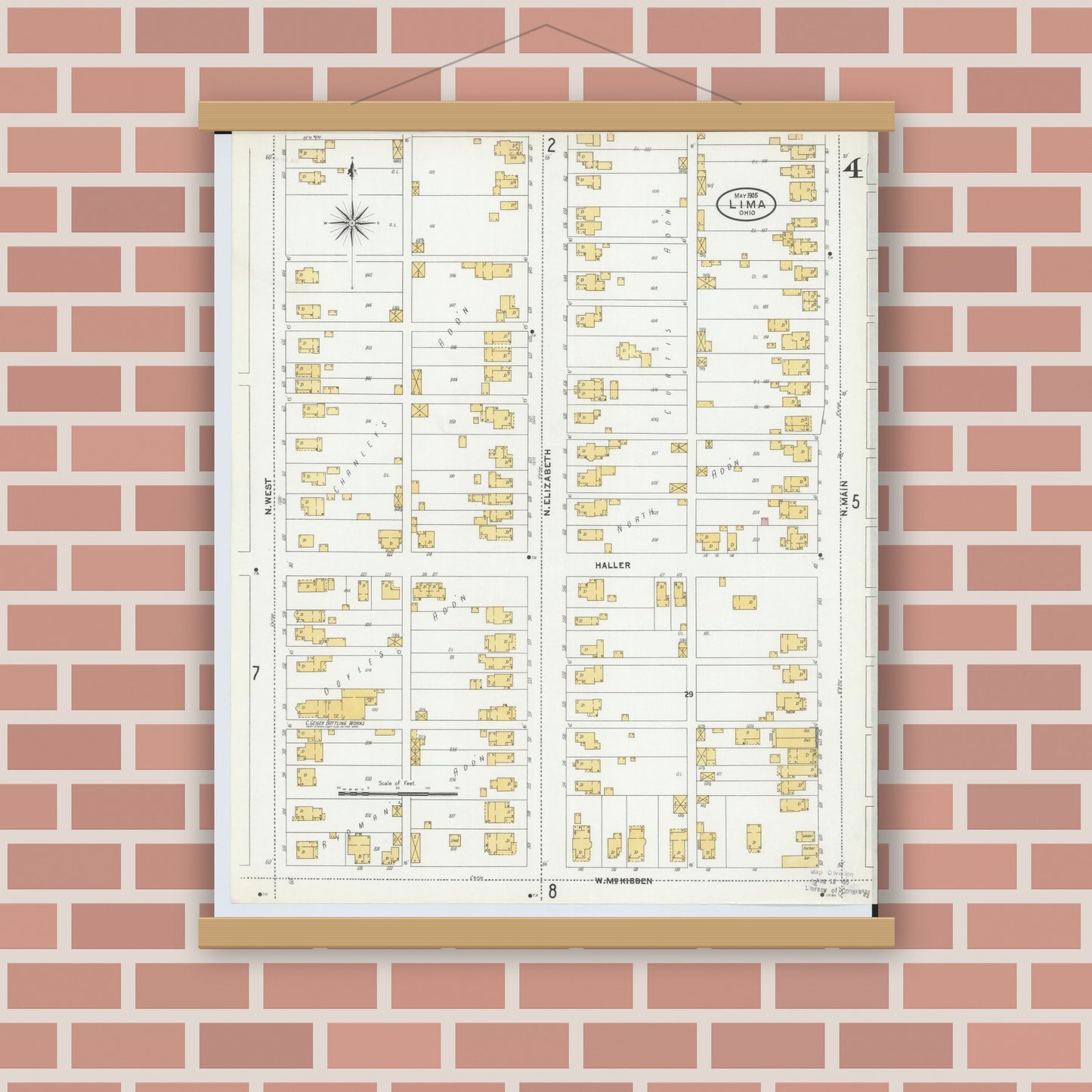 Old map wall art mockup — magnetic wood frame on brick wall — Sanborn Fire Insurance Map from Lima, Allen County, Ohio (1905), Sheet #0004