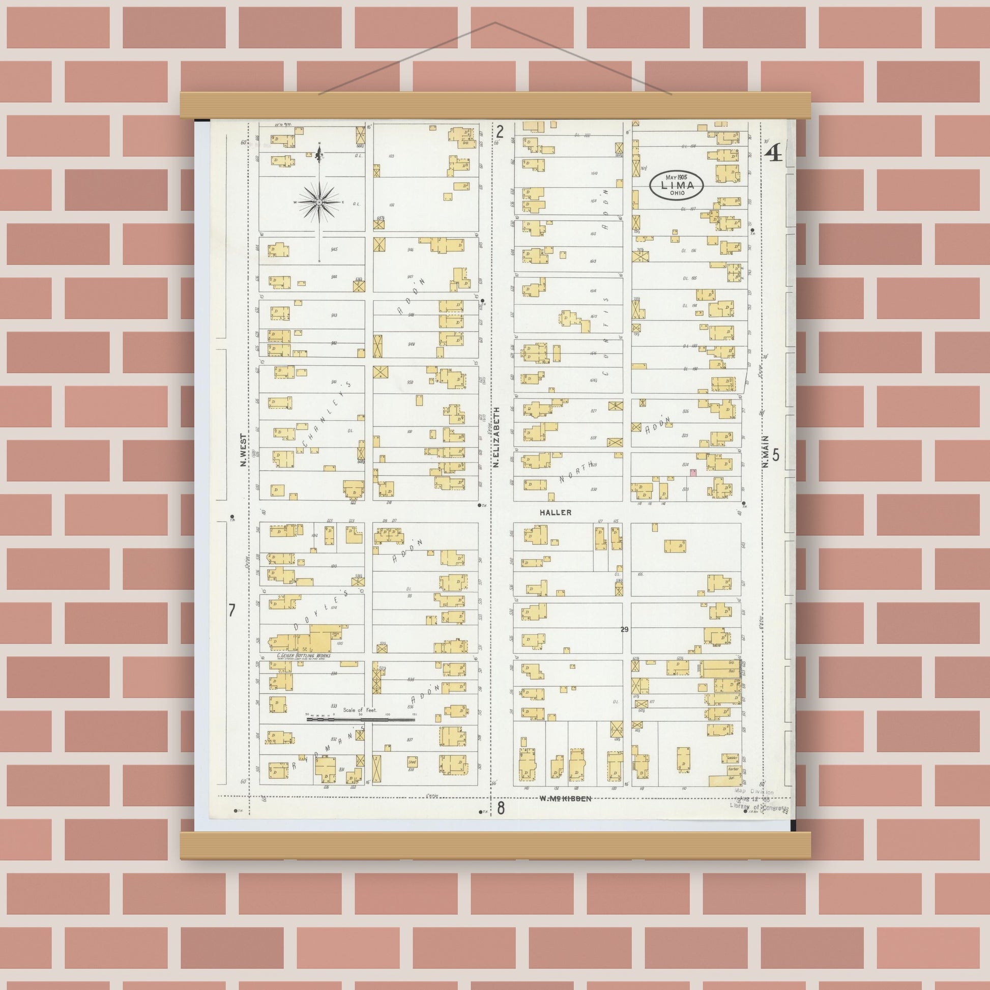 Old map wall art mockup — magnetic wood frame on brick wall — Sanborn Fire Insurance Map from Lima, Allen County, Ohio (1905), Sheet #0004