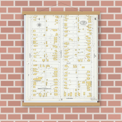 Old map wall art mockup — magnetic wood frame on brick wall — Sanborn Fire Insurance Map from Lima, Allen County, Ohio (1905), Sheet #0004