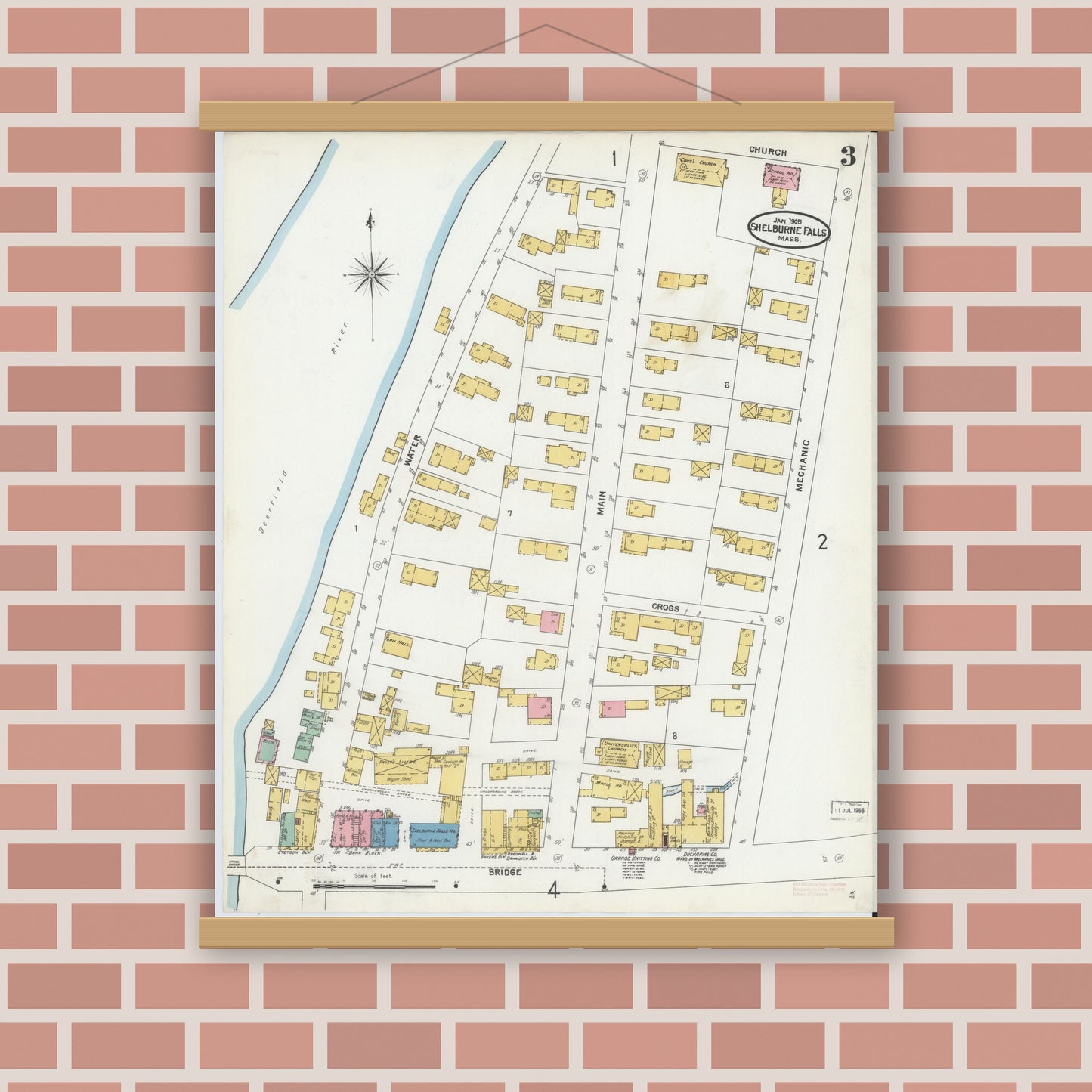 Old map wall art mockup — magnetic wood frame on brick wall — Sanborn Fire Insurance Map from Shelburne Falls, Franklin County, Massachusetts (1905), Sheet #0003