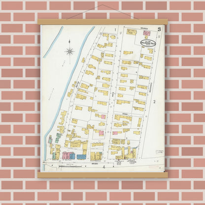 Old map wall art mockup — magnetic wood frame on brick wall — Sanborn Fire Insurance Map from Shelburne Falls, Franklin County, Massachusetts (1905), Sheet #0003