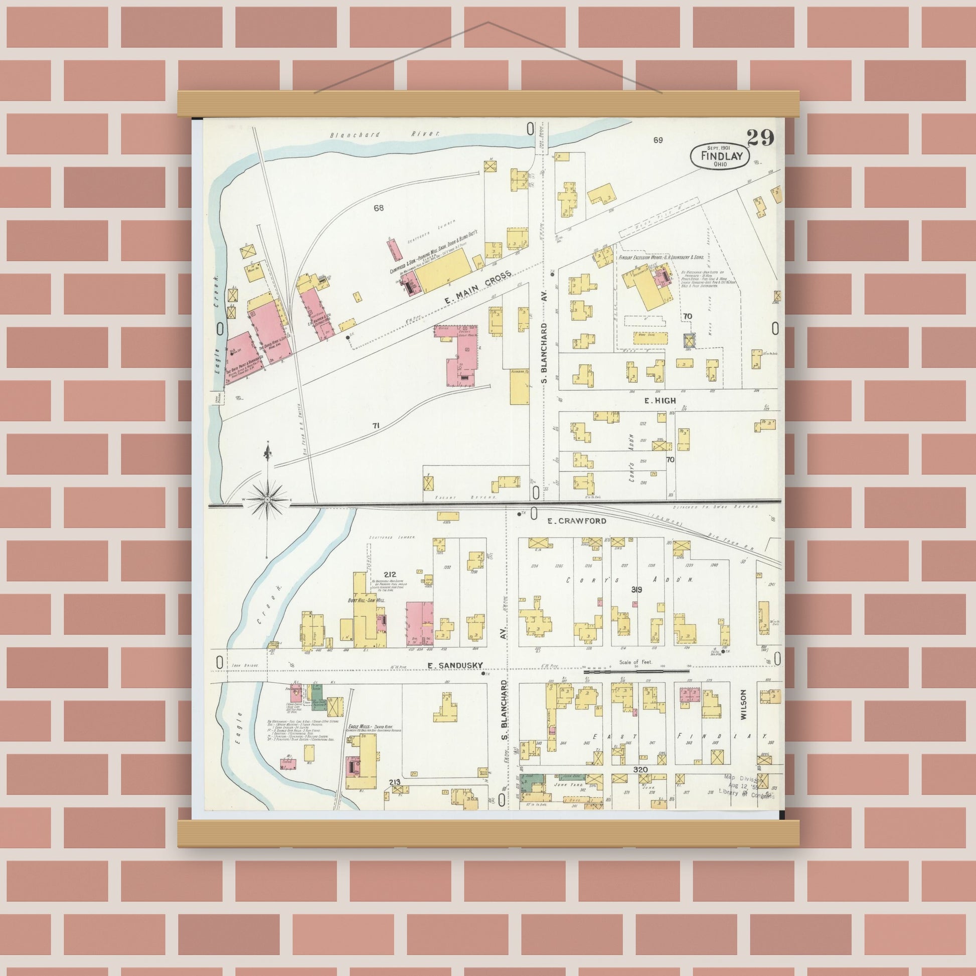 Old map wall art mockup — magnetic wood frame on brick wall — Sanborn Fire Insurance Map from Findlay, Hancock County, Ohio (1901), Sheet #0029