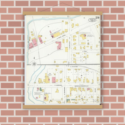 Old map wall art mockup — magnetic wood frame on brick wall — Sanborn Fire Insurance Map from Findlay, Hancock County, Ohio (1901), Sheet #0029