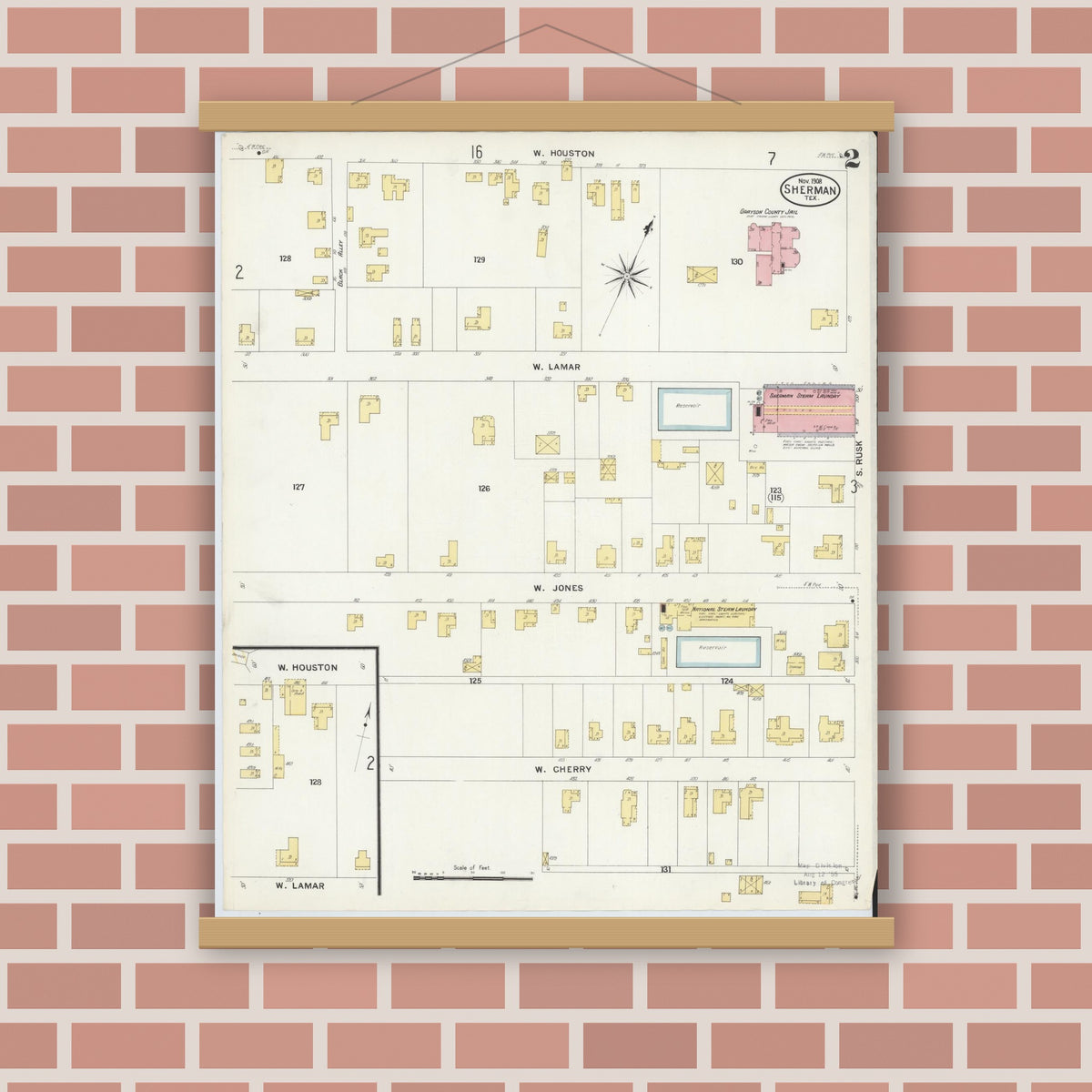Old map wall art mockup — magnetic wood frame on brick wall — Sanborn Fire Insurance Map from Sherman, Grayson County, Texas (1908), Sheet #0002