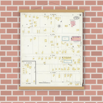 Old map wall art mockup — magnetic wood frame on brick wall — Sanborn Fire Insurance Map from Sherman, Grayson County, Texas (1908), Sheet #0002