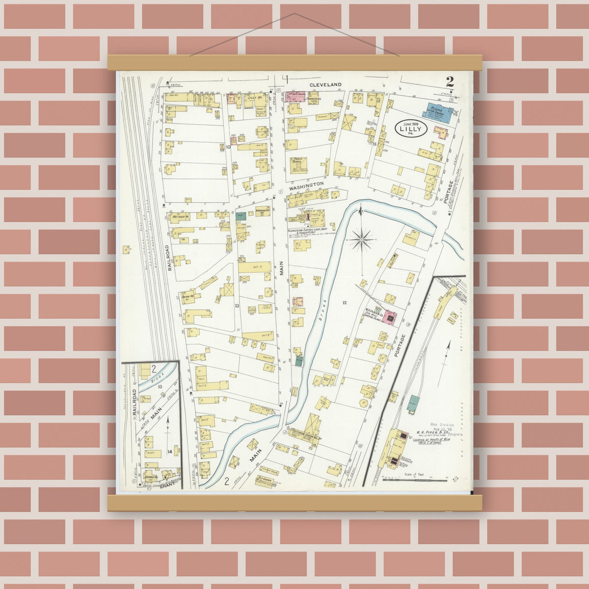 Old map wall art mockup — magnetic wood frame on brick wall — Sanborn Fire Insurance Map from Lilly, Cambria County, Pennsylvania (1909), Sheet #0002