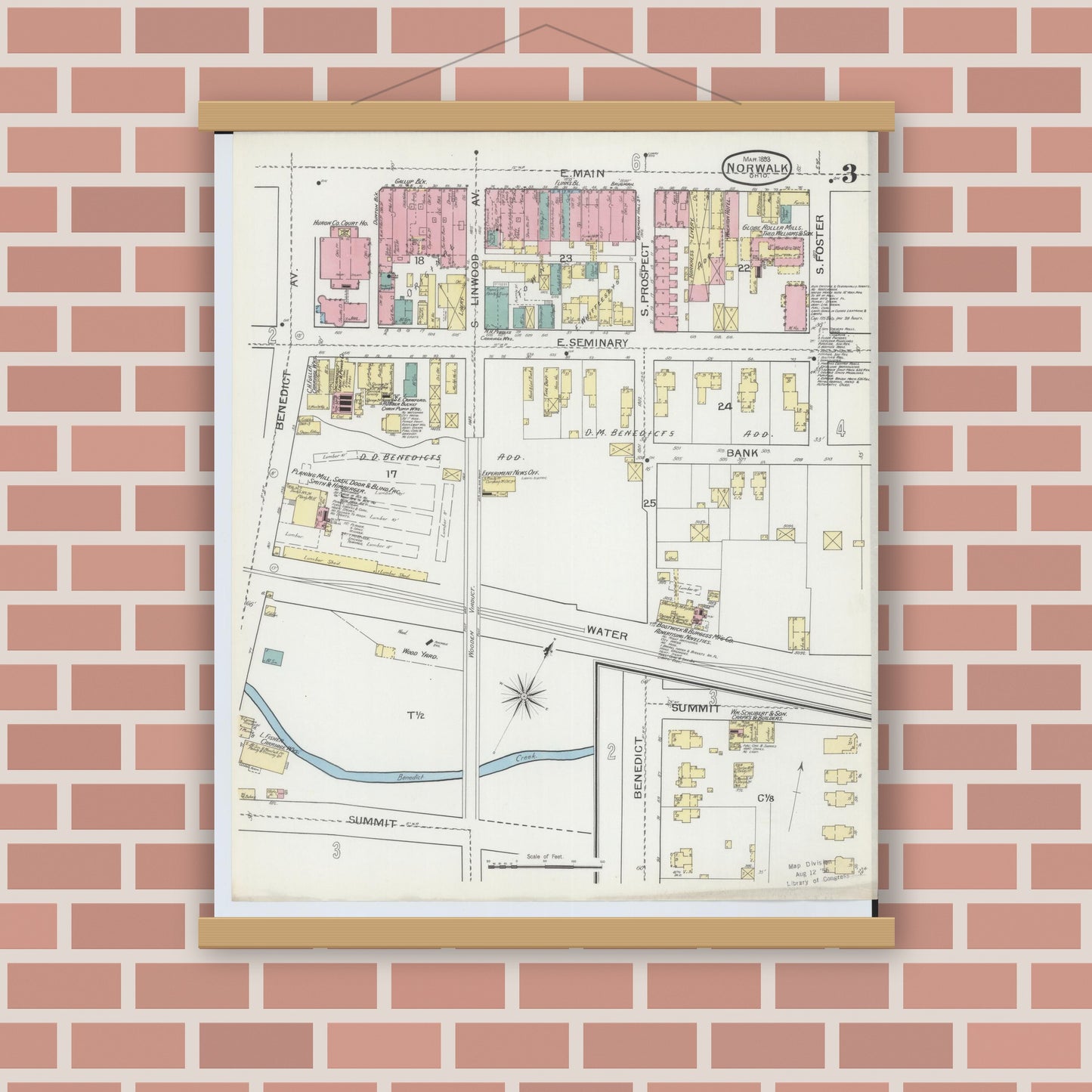Old map wall art mockup — magnetic wood frame on brick wall — Sanborn Fire Insurance Map from Norwalk, Huron County, Ohio (1893), Sheet #0003