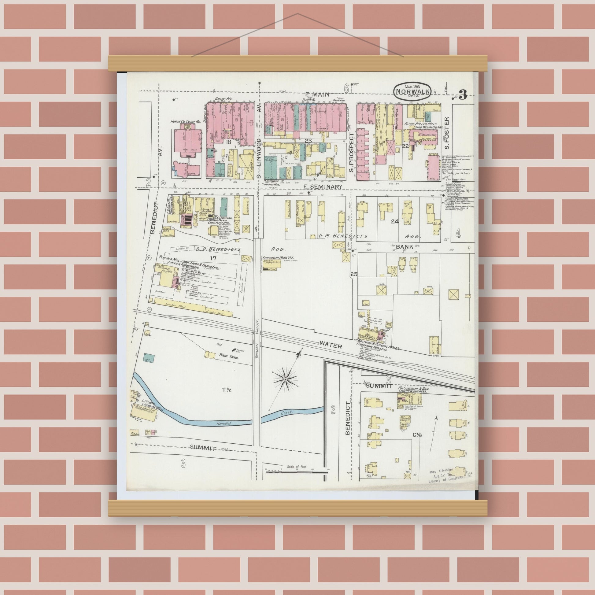 Old map wall art mockup — magnetic wood frame on brick wall — Sanborn Fire Insurance Map from Norwalk, Huron County, Ohio (1893), Sheet #0003