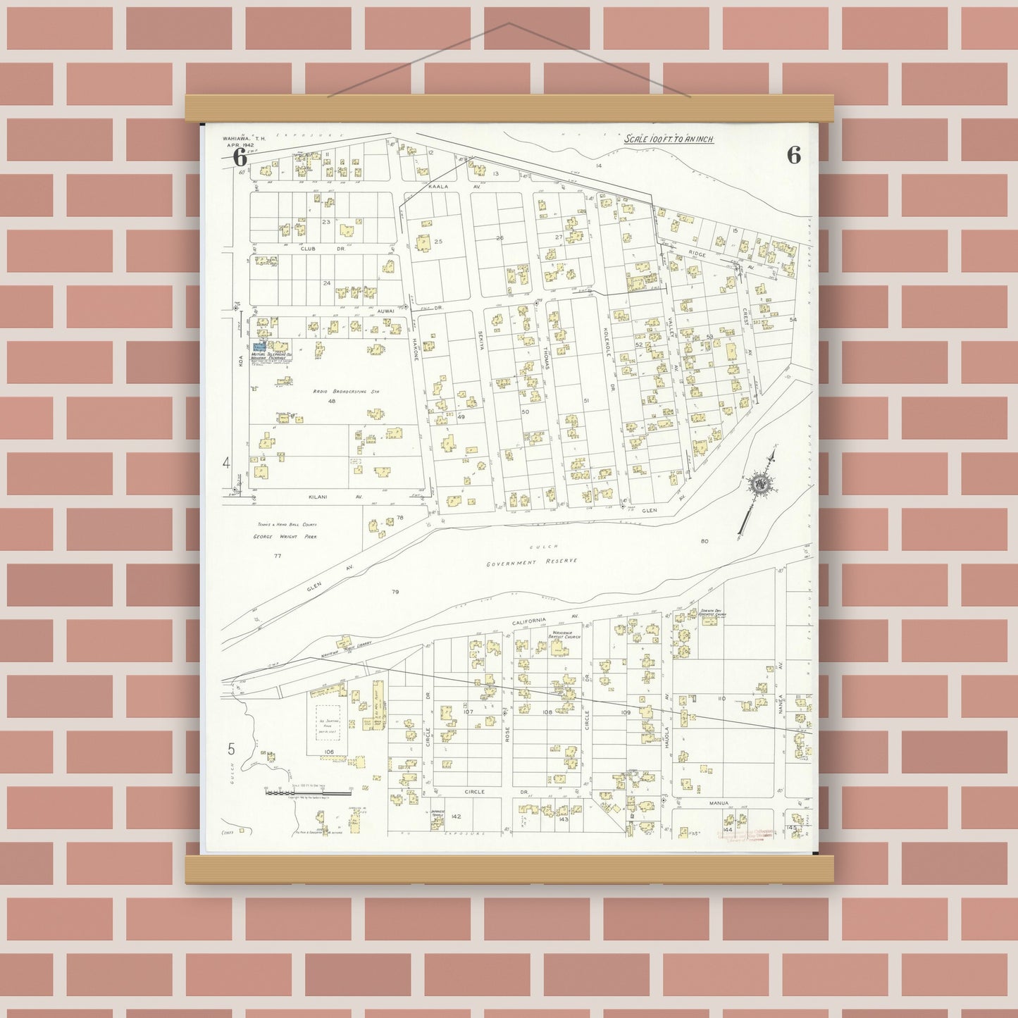 Old map wall art mockup — magnetic wood frame on brick wall — Sanborn Fire Insurance Map from Wahiawa, Honolulu County, Hawaii (1942), Sheet #0006