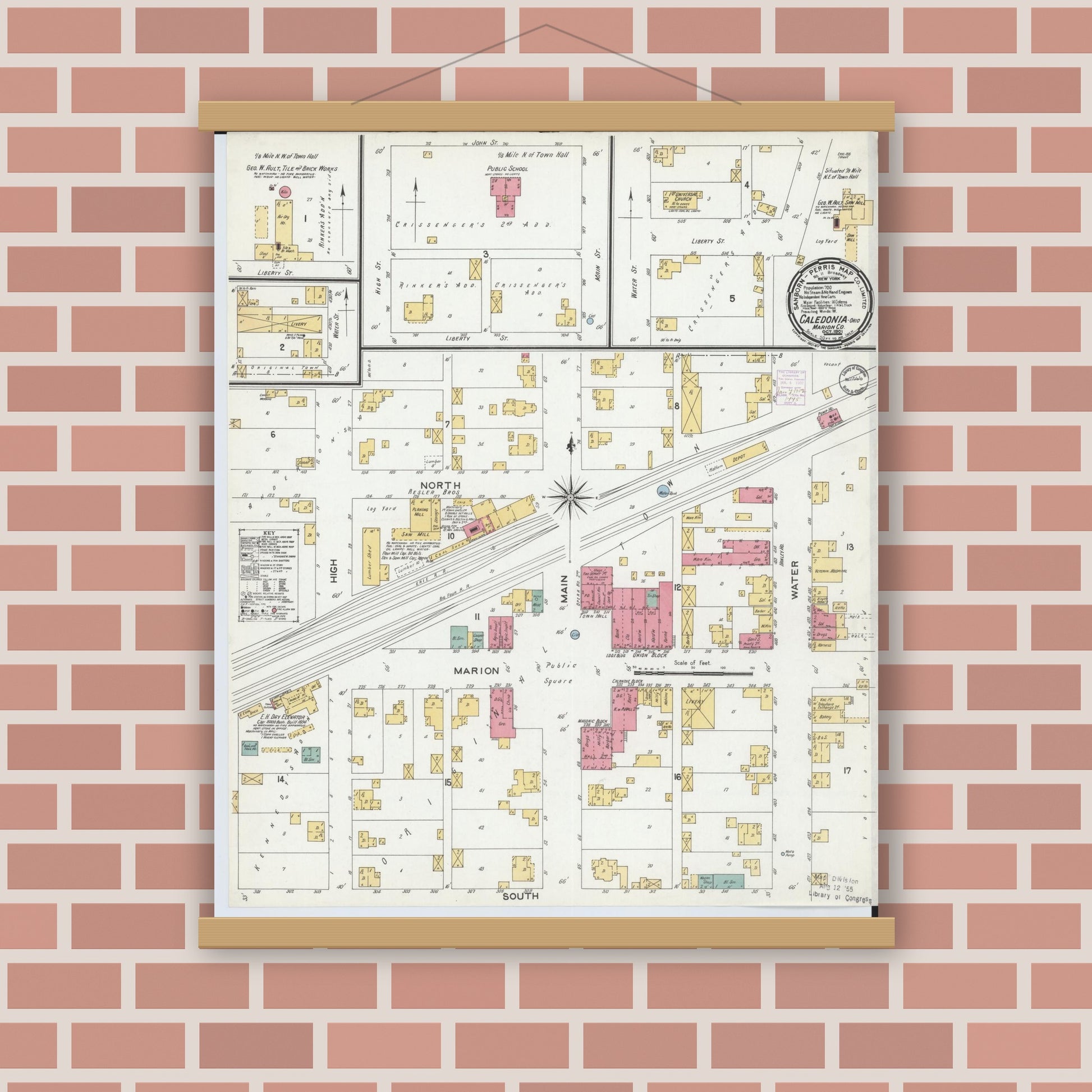 Old map wall art mockup — magnetic wood frame on brick wall — Sanborn Fire Insurance Map from Caledonia, Marion County, Ohio (1901), Sheet #0001