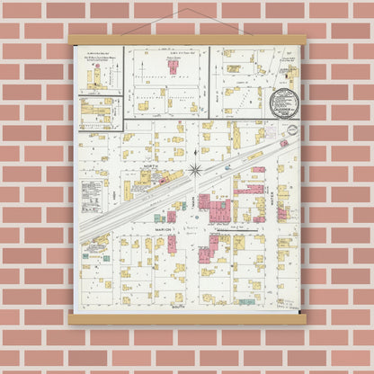 Old map wall art mockup — magnetic wood frame on brick wall — Sanborn Fire Insurance Map from Caledonia, Marion County, Ohio (1901), Sheet #0001