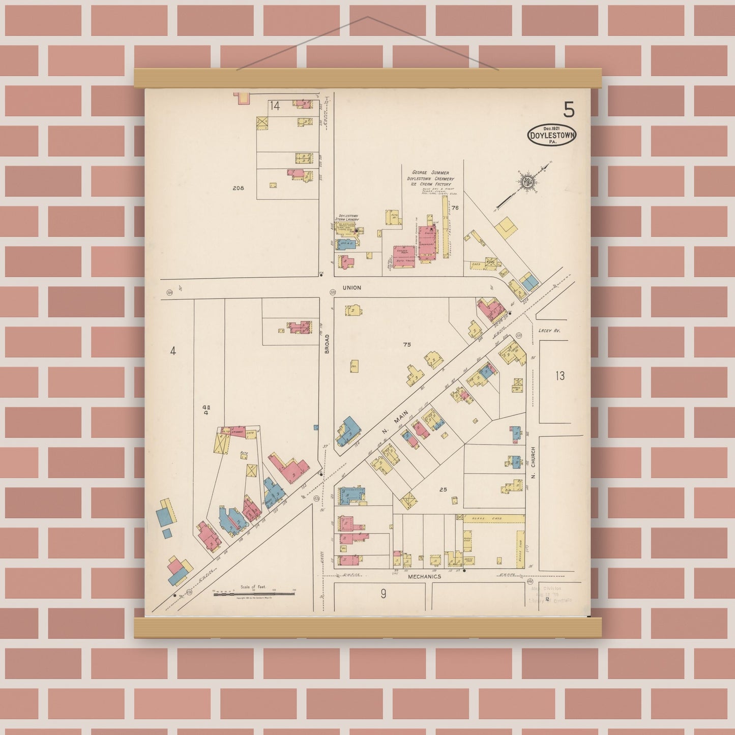 Old map wall art mockup — magnetic wood frame on brick wall — Sanborn Fire Insurance Map from Doylestown, Bucks County, Pennsylvania (1922), Sheet #0005