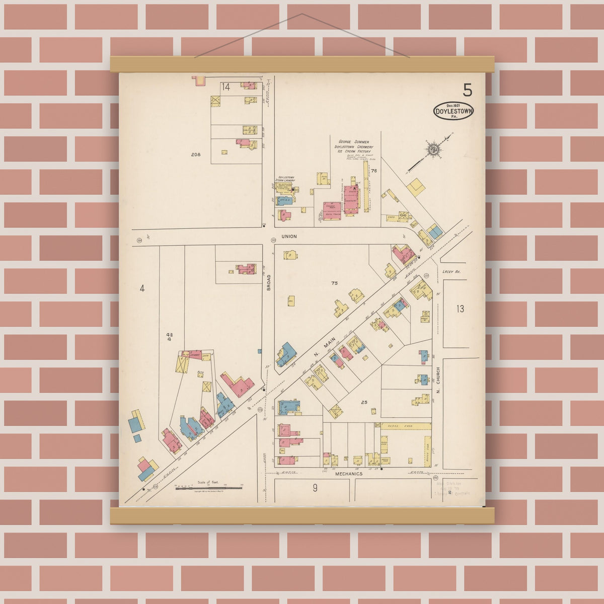Old map wall art mockup — magnetic wood frame on brick wall — Sanborn Fire Insurance Map from Doylestown, Bucks County, Pennsylvania (1922), Sheet #0005