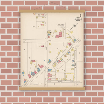 Old map wall art mockup — magnetic wood frame on brick wall — Sanborn Fire Insurance Map from Doylestown, Bucks County, Pennsylvania (1922), Sheet #0005