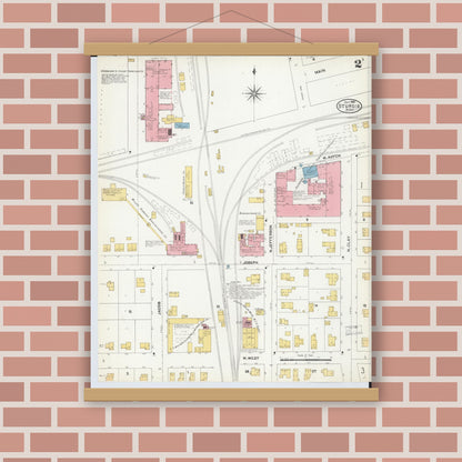Old map wall art mockup — magnetic wood frame on brick wall — Sanborn Fire Insurance Map from Sturgis, Saint Joseph County, Michigan (1904), Sheet #0002