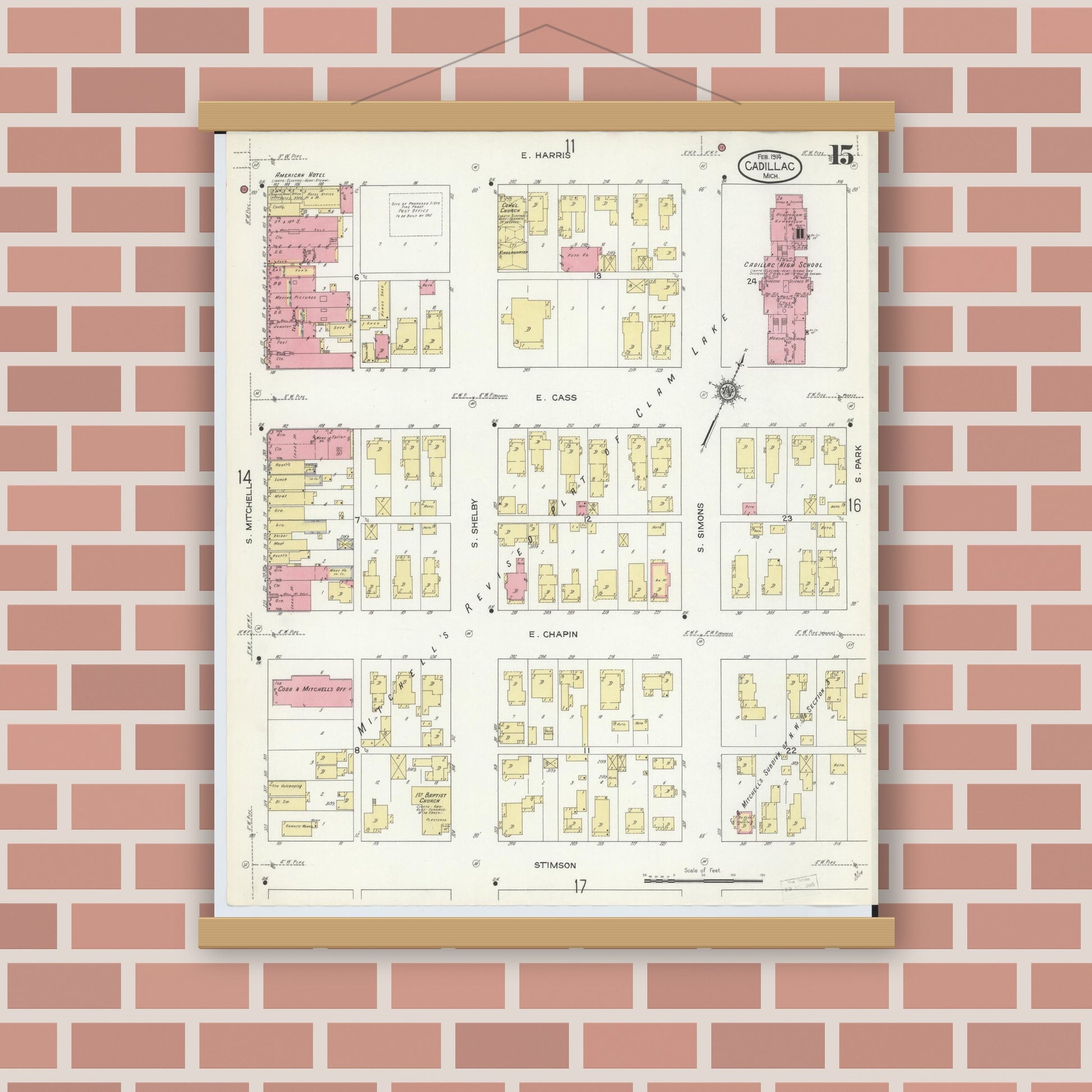 Old map wall art mockup — magnetic wood frame on brick wall — Sanborn Fire Insurance Map from Cadillac, Wexford County, Michigan (1914), Sheet #0015