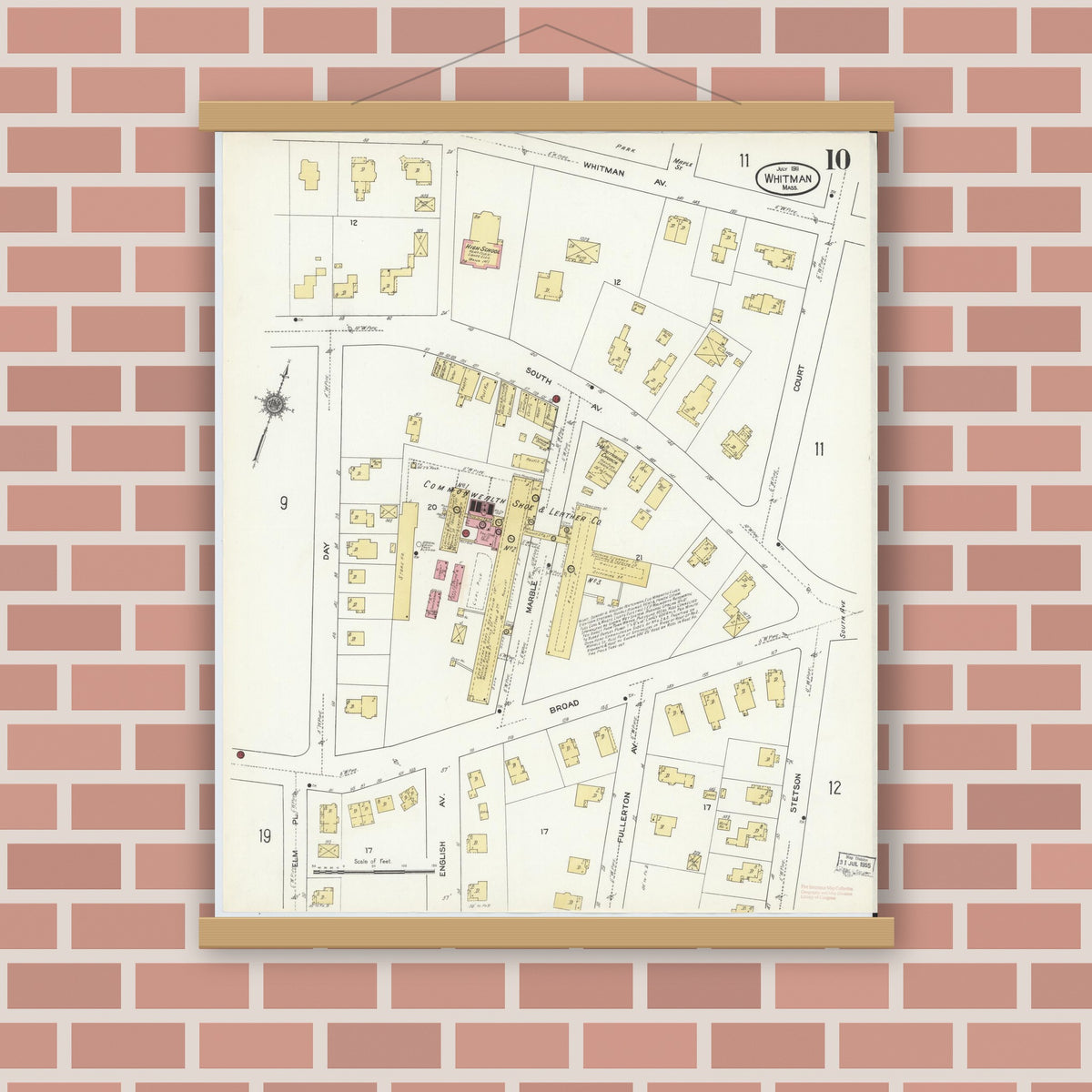 Old map wall art mockup — magnetic wood frame on brick wall — Sanborn Fire Insurance Map from Whitman, Plymouth County, Massachusetts (1911), Sheet #0010