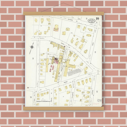 Old map wall art mockup — magnetic wood frame on brick wall — Sanborn Fire Insurance Map from Whitman, Plymouth County, Massachusetts (1911), Sheet #0010
