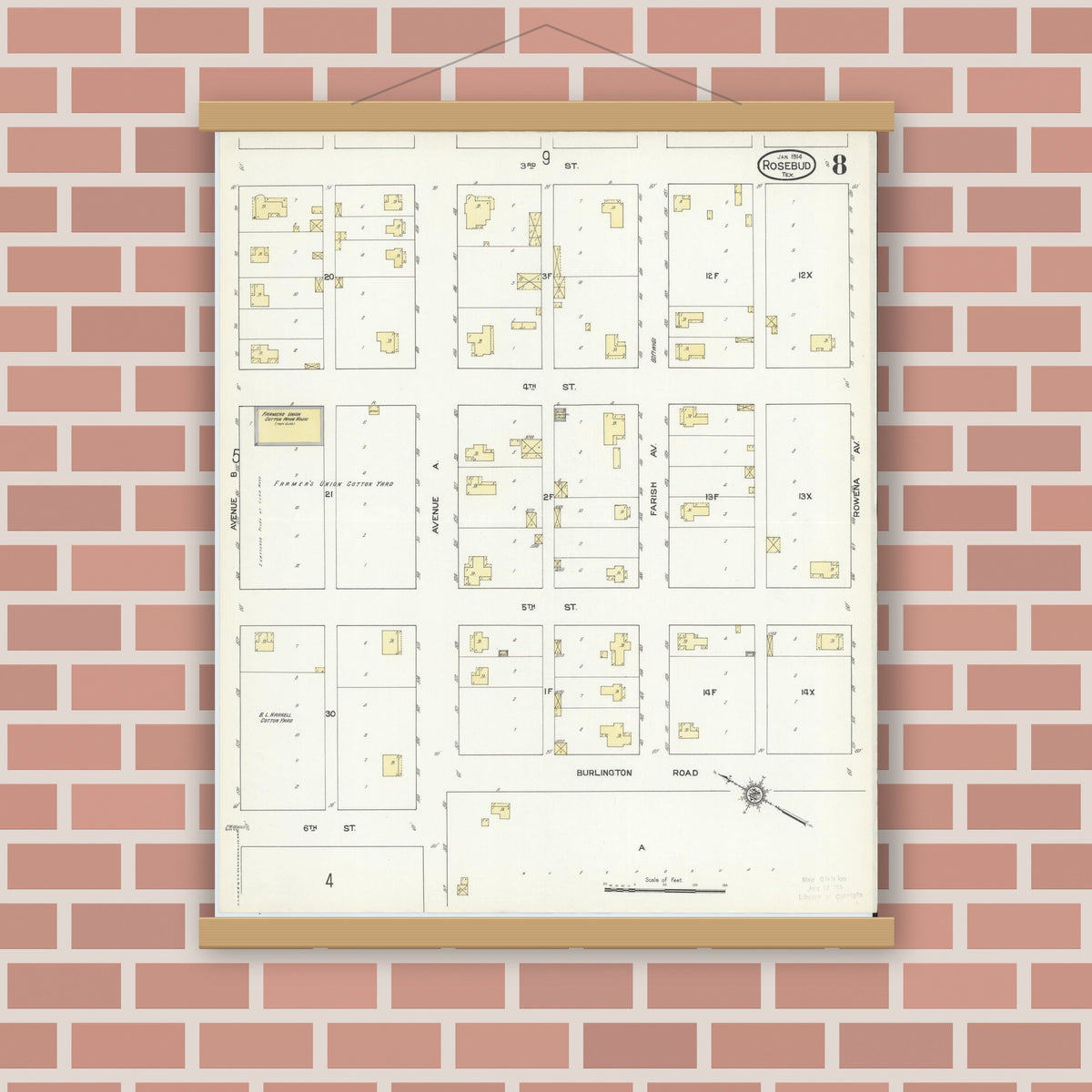 Old map wall art mockup — magnetic wood frame on brick wall — Sanborn Fire Insurance Map from Rosebud, Falls County, Texas (1914), Sheet #0008