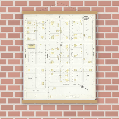 Old map wall art mockup — magnetic wood frame on brick wall — Sanborn Fire Insurance Map from Rosebud, Falls County, Texas (1914), Sheet #0008