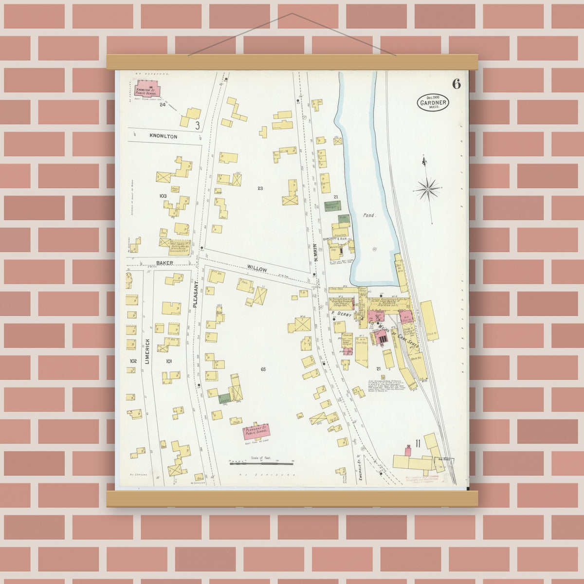 Old map wall art mockup — magnetic wood frame on brick wall — Sanborn Fire Insurance Map from Gardner, Worcester County, Massachusetts (1900), Sheet #0006